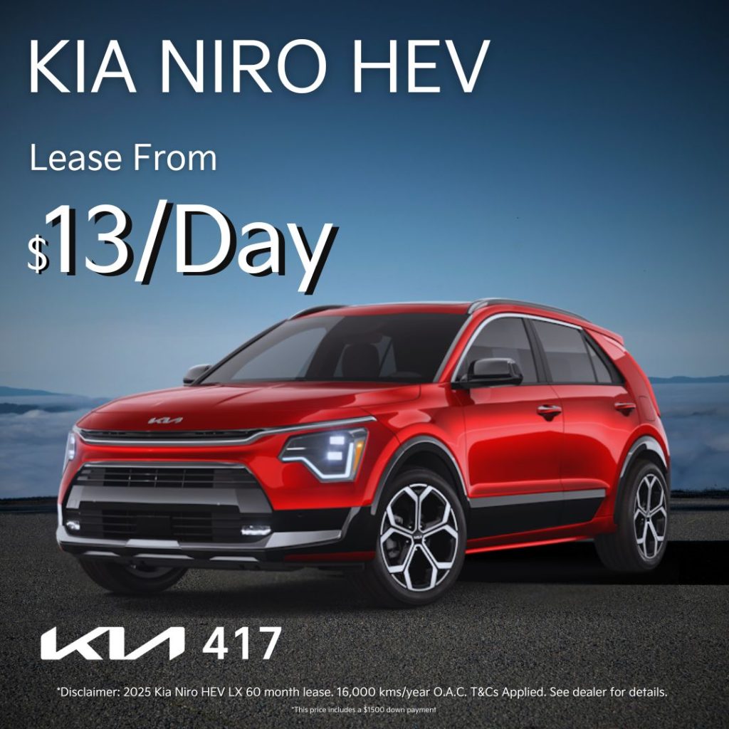 Red 2025 Kia Niro HEV Lease Offer Ottawa Ad (1)